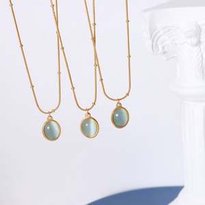 Kalung baja tahan karat Oval biru langit Cymophane Opal 316L kalung lapis emas 18K batu bening perhiasan antik Perancis wanita - Product Image 5