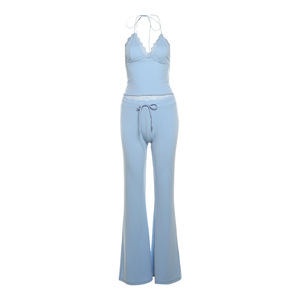 2024 primavera nuevo encaje hasta Halter Sexy Sling Color sólido pantalones casuales conjunto de dos piezas para mujeres - Product Image 6