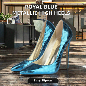 Royal Blue Metallic PU Hollow Spike <b>Heels</b> Women Dress Shoes Pointed Toe Sexy Pencil Slip-On Closure Spring Summer 12cm - Product Image 2