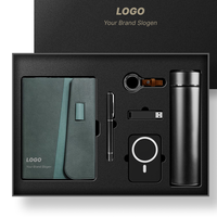 Set de Regalo Ejecutivo de Lujo, Cuaderno de PU Cian Oscuro, Bolígrafo, Llavero, Banco de Energía USB Magsafe, Termo, Logotipo Impreso para Hombre