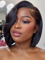 Perruque courte bob en cheveux humains HD, sans colle, pré-épilée, nœuds blanchis, frange en dentelle pré-coupée, naturelle, vierge, Remy, grade 12A