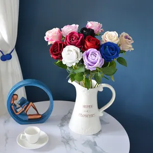 Gran oferta, Rosa artificial, seda, terciopelo, rosa, tallo largo, Rosa Blanca de tacto Real para flores decorativas de boda