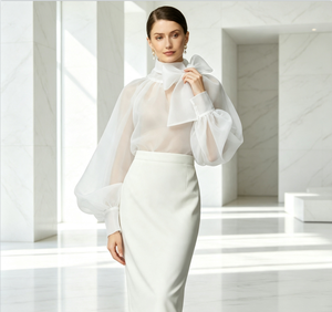 Ensemble 2 pièces pour femmes grandes tailles, chemisier transparent à manches bouffantes avec nœud, <span class=keywords><strong>jupe</strong></span> <span class=keywords><strong>crayon</strong></span> mi-longue, tenue de soirée élégante pour femmes - Product Image 1