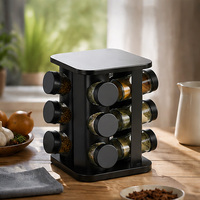 Étagère à épices rotative noire carrée avec 12 bocaux en verre, rotation à 360°, pour comptoir de cuisine, personnalisable OEM