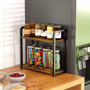 Wholesale Double Tier Standing Type Wood & Metal Desktop Shelving Home Use <b>Kitchen</b> <b>Storage</b> Oil Salt Sauce Vinegar Seasoning Rack - Product Image 3
