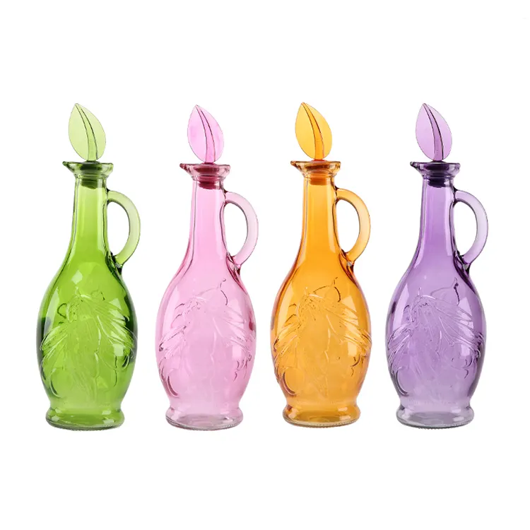 Werkspreis hochwertige unterschiedliche Größen leere Glasflasche für Olivenöl und Essig mit blattförmigem Deckel