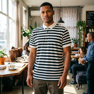 Polo en tricot rayé pour <span class=keywords><strong>homme</strong></span>, coupe classique à manches courtes, col côtelé noir et blanc, vêtements en tricot pour <span class=keywords><strong>homme</strong></span>, vente en gros - Product Image 2