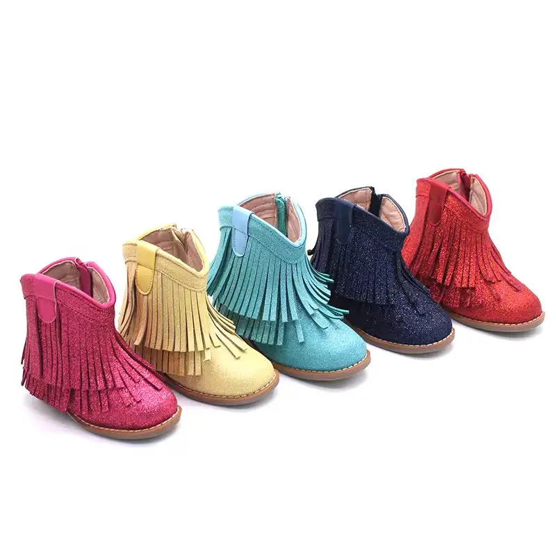 Venta al por mayor coloridos niños flecos botas niñas tendencia de la moda niños pequeños zapatos de invierno Bebé personalizado tobillo niñas botas Casuales