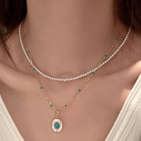 Collier pendentif en perles d'eau douce turquoise avec chaîne en bambou superposée en cuivre pour femme, accessoires de mode sportifs et décontractés