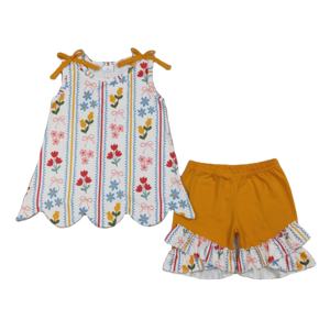 GSSO3388 rts Ensemble de vêtements d'été pour petite fille, imprimé fleurs jaunes à rayures, vente en gros, vêtements pour enfants, ensemble à manches courtes pour fille - Product Image 1