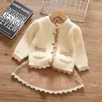 Ensemble cardigan tricoté style universitaire pour bébés filles automne-hiver, en fibre acrylique douce, pull à manches longues avec dentelle, tenue deux pièces