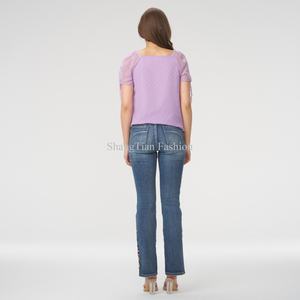 Jean large décontracté brodé style vintage pour femme, taille haute, en coton respirant, coupe ample, idéal pour l'été - Product Image 5