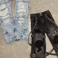 Jeans évasés à taille haute pour hommes, personnalisés en gros par le fabricant, denim délavé à volants, pantalon ample à franges, floral, droit