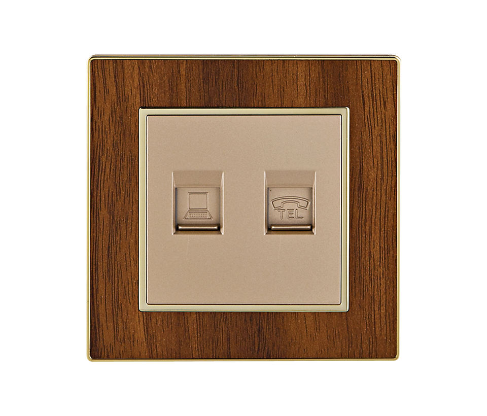 Factory Custom Household British/UK Standard Plug Living Room Indoor Wall TV Satellite Electrical Wood Grain Gold Panel Socket