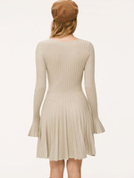 Robe Courte Côtelée Joydressing en Gros, Col Cranté, Manches Évasées, Jupe Plissée Évasée, Prix Usine