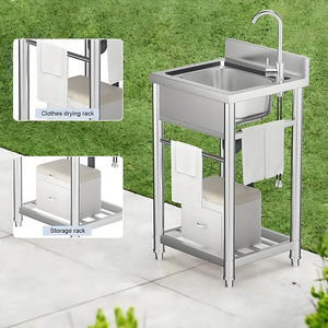 Évier de cuisine professionnel en acier inoxydable brossé à cuve unique avec égouttoir et étagère de rangement pour station de préparation de restaurant - Product Image 3