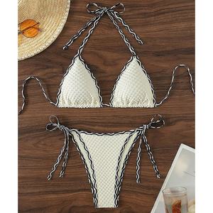 Traje de Baño de 2 Piezas para Mujer, Marca Lovely Woman Family, Bikini de Terciopelo con Estampado a Rayas y Sujetador Push-Up - Product Image 1