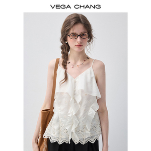 VEGA CHANG Top a Canotta Bianco con Ricamo a Occhiello e Volant per Donna, Scollo a V, <span class=keywords><strong>Senza</strong></span> <span class=keywords><strong>Maniche</strong></span>, con Bordo in Pizzo, <span class=keywords><strong>Blusa</strong></span> Casual, Ingrosso - Product Image 6