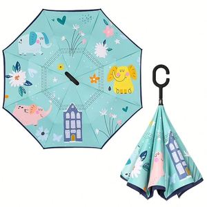 Parapluie inversé pour enfants, multifonctionnel, à poignée en forme de C, anti-UV, imperméable, ouverture manuelle, 8 baleines, imprimé dessin animé - Product Image 1