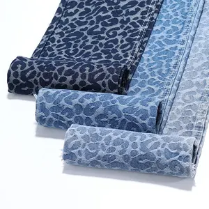 Cetak macan tutul biru 80% katun Jacquard kain Denim untuk Jeans 10.5Oz kualitas tinggi kain Denim grosir