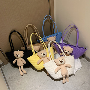 Sac fourre-tout tissé avec décoration ours en peluche, grande capacité, coton et lin, pour le quotidien printemps-été - Product Image 4