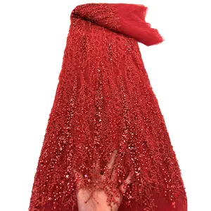 मनके शाम का गाउन लाल कपड़े मोती सेक्विन कशीदाकारी फीता स्विस फीता कपड़े