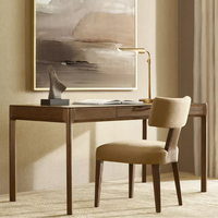 Bureau d'écriture élégant et minimaliste en chêne clair à 1 tiroir avec poignée encastrée en laiton et pieds arrondis pour bureau à domicile, chambre à coucher, personnalisable OEM