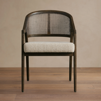 Fauteuil de salle à manger Aimee en chêne massif avec dossier en rotin et coussin rembourré, fauteuil moderne, vente en gros personnalisée