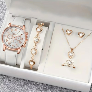 Montre Tendance pour Femme, Bracelet en Cuir, Cadran Chiffres Romains, Magnifique Ensemble de Bijoux, Cadeau pour Petite Amie - Product Image 1