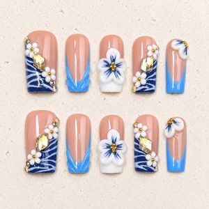 Faux ongles carrés moyens faits à la main, très tendance, de luxe, rouges, avec strass français, réutilisables, couvrance totale, pour l'été - Product Image 6
