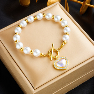 European American Style Pearl Bracelet With Heart Pendant Gold T Bar Clasp Women's Jewelry Gift - Product Image 1