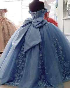 Dusty Blue Pearls Beaded Formal Floral Lace Off the Shoulder Ball Gown Evening <strong>Prom</strong> 15 Girls Quinceanera <strong>Dresses</strong> MQ637 - Product Image 4