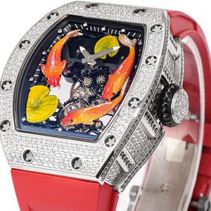 Luxury Diamond Bezel Tonneau Watch 3D Koi Fish Dial with <b>Red</b> Rubber Strap - Product Image 3