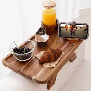 New Design Couch Cup Holder Tray, 3 in 1 Large Acacia Wood Sofa Arm Clip Table Tray with Phone Drink Holder