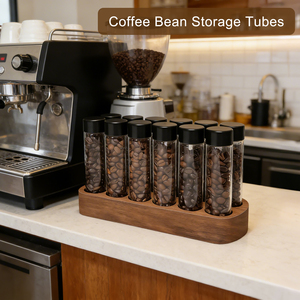 Airtight Single Dose Coffee Bean Storage Tubes Twelve Pcs Glass Dosing Vials <strong>Container</strong> Walnut Wood Base Holder Barista Tool - Product Image 5