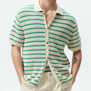 Summer Clothing Hook Hollow Short Sleeve Polo Shirt Casual Striped Button Cardigan Breathable Knitted Men's Sweater