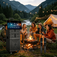 YY350 Machine de karaoké professionnelle d'extérieur 15 pouces 150W avec écran tactile 23,6 pouces pour affichage des paroles, système audio BT pour fêtes et KTV