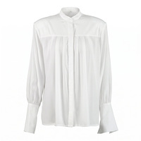 Chemisier blanc pour femme à col montant, devant plissé, épaules rembourrées, manches longues, drapé, idéal pour le bureau, vente en gros, personnalisation OEM ODM