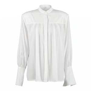 Blusa Blanca para Mujer con Cuello Alto, Pliegues Delanteros, Hombros Acolchados, Manga Larga, Estilo Drapeado, para Oficina o Trabajo, Venta al Por Mayor, Personalizable OEM/ODM - Product Image 5