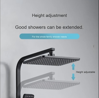 Ensemble de douche moderne noir mat en laiton avec mitigeur rotatif à 4 sorties, douchette pluie carrée et barre coulissante réglable en hauteur