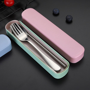 Juego de cubiertos portátil reutilizable de 3 piezas, cuchara, tenedor y palillos de acero inoxidable con estuche para la escuela, oficina, viajes, camping, picnic - Product Image 6