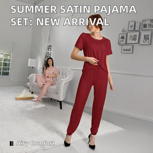 Conjunto de Pijamas de Satén para Mujer, Nuevo, Transpirable, Cintura Elástica, Camiseta Informal + Pantalones de Color Sólido para Verano, Otoño y Primavera - Product Image 2