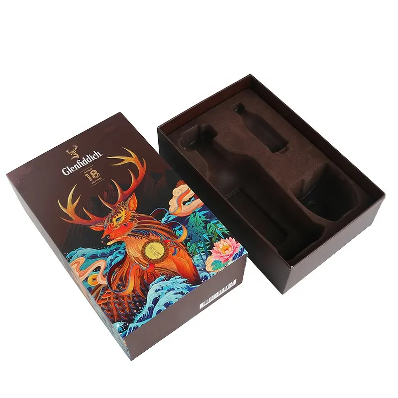 Индивидуальная печатная жесткая упаковочная коробка с вставкой EVA, черные матовые картонные подарочные коробки для виски, винной бутылки