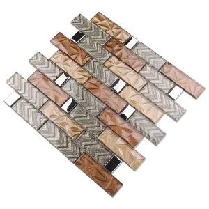 Luxury mirror surface chevron pattern glitter brown gold line glass mosaic for bathroom walls