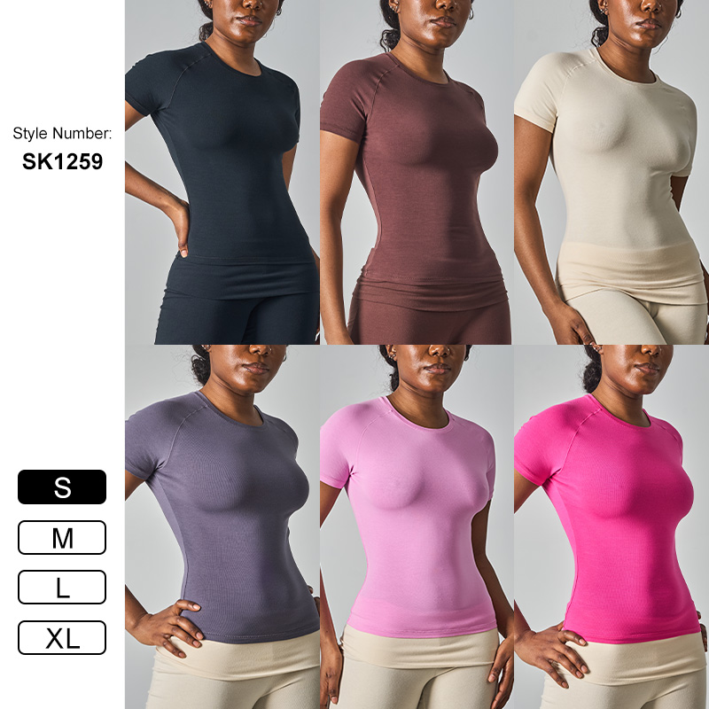 SK1259 Nude Feeling Cotton Jersey Crop Top Lounge Short-sleeved T-shirt with Round Neck Slim High Elasticity for Yoga Wear