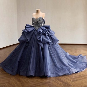 Rsm261119 Romantic Off Shoulder Crystal Beaded Ruffle Glitter Tulle Navy Blue <b>Ball</b> <b>Gown</b> Quinceanera Dress Jancember - Product Image 2