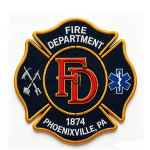 Phoenixville Pa Fire Department Embroidered Patch Iron On Applique 1874 Irregular Shape Nonwoven Felt Patch - Product Image 1