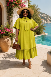 Abito lungo <span class=keywords><strong>estivo</strong></span> casual da donna taglie forti, giallo, scollo a V, in tessuto pettinato, vestibilità ampia, con orlo arricciato e <span class=keywords><strong>maniche</strong></span> corte - Product Image 2