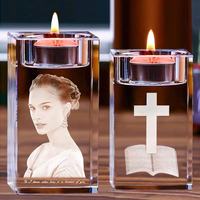Porte-bougie en cristal K9 gravé au laser 3D personnalisé - Photo et logo personnalisés - Cadeaux de mariage, d'anniversaire, de Noël et religieux