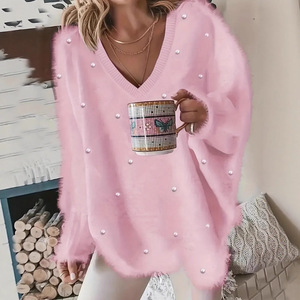 Suéter Feminino de Cor <span class=keywords><strong>S</strong></span>ólida com Decote em V e Aplicações de Pérolas para Outono e Inverno - Product Image 1